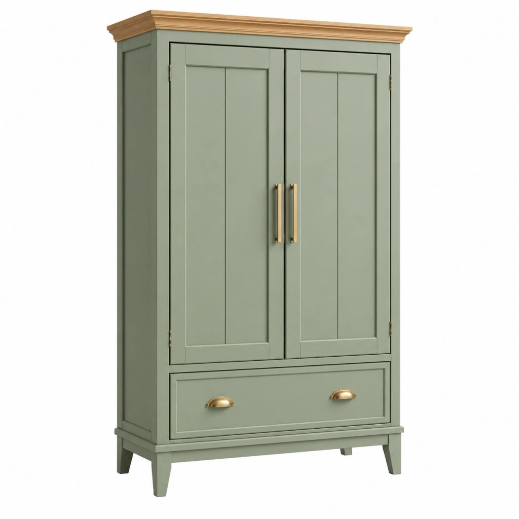 Armadio guardaroba 100 x 55 x 190 cm in legno verde salvia con 2 ante e cassetto stile classico
