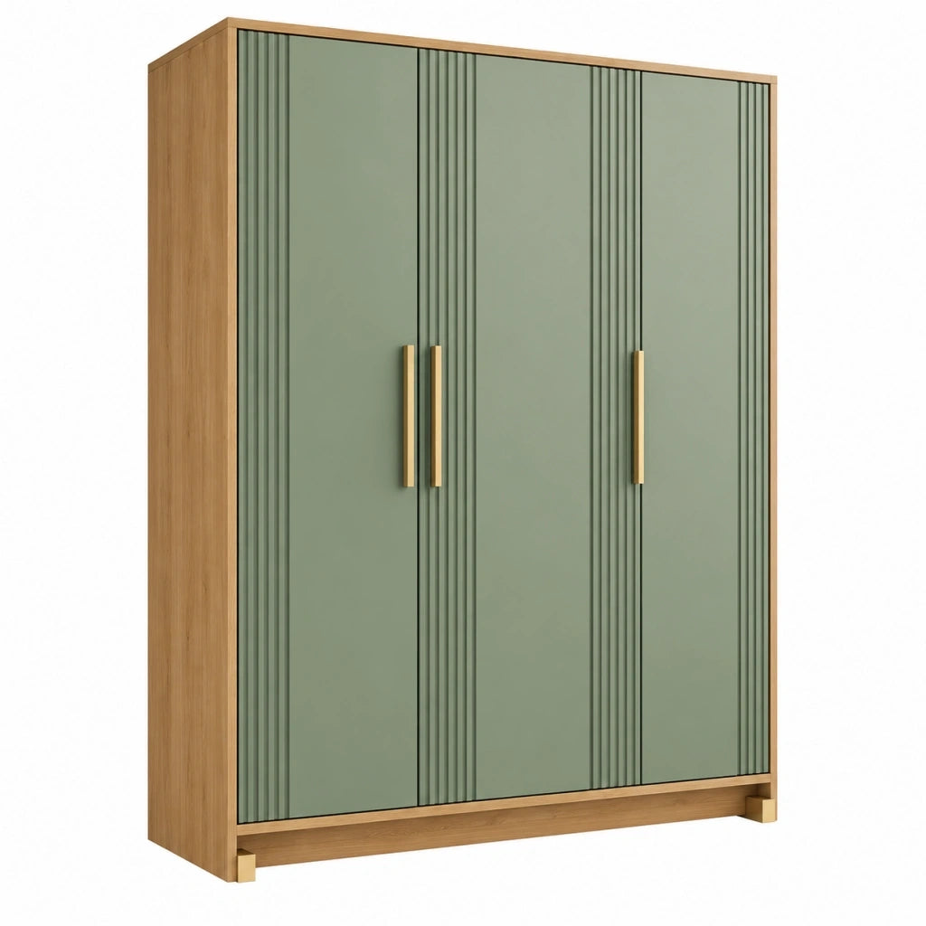 Armadio guardaroba 120x55x200 cm in legno verde salvia e rovere con 3 ante scanalate