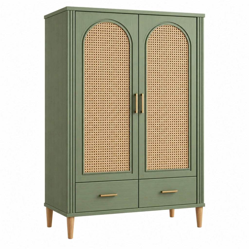 Armadio 100 x 50 x 180 cm in legno verde con rattan e 2 cassetti - stile naturale