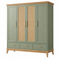 Armadio guardaroba 180 x 55 x 200 cm in legno verde salvia e rattan - 4 ante 3 cassetti stile naturale