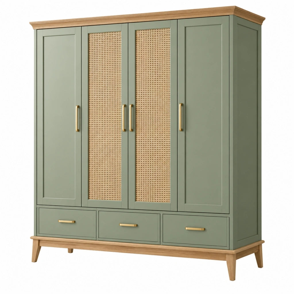 Armadio guardaroba 180 x 55 x 200 cm in legno verde salvia e rattan - 4 ante 3 cassetti stile naturale