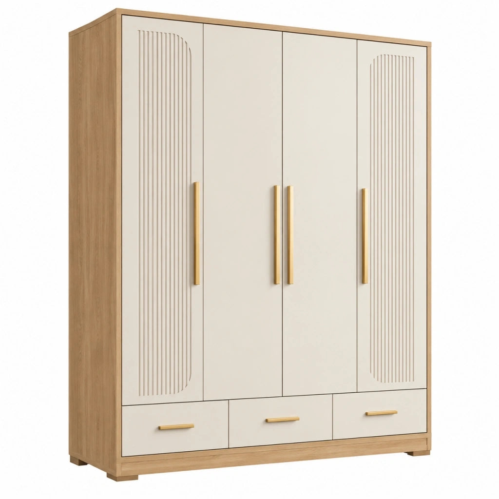 Armadio 160 x 52 x 200 cm in legno beige e rovere naturale con 4 ante e 3 cassetti