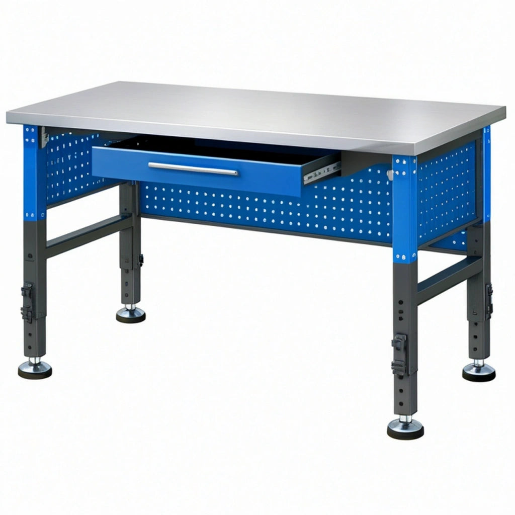 Banco da lavoro 120 x 60 x 85 cm in acciaio blu e grigio con cassetto regolabile