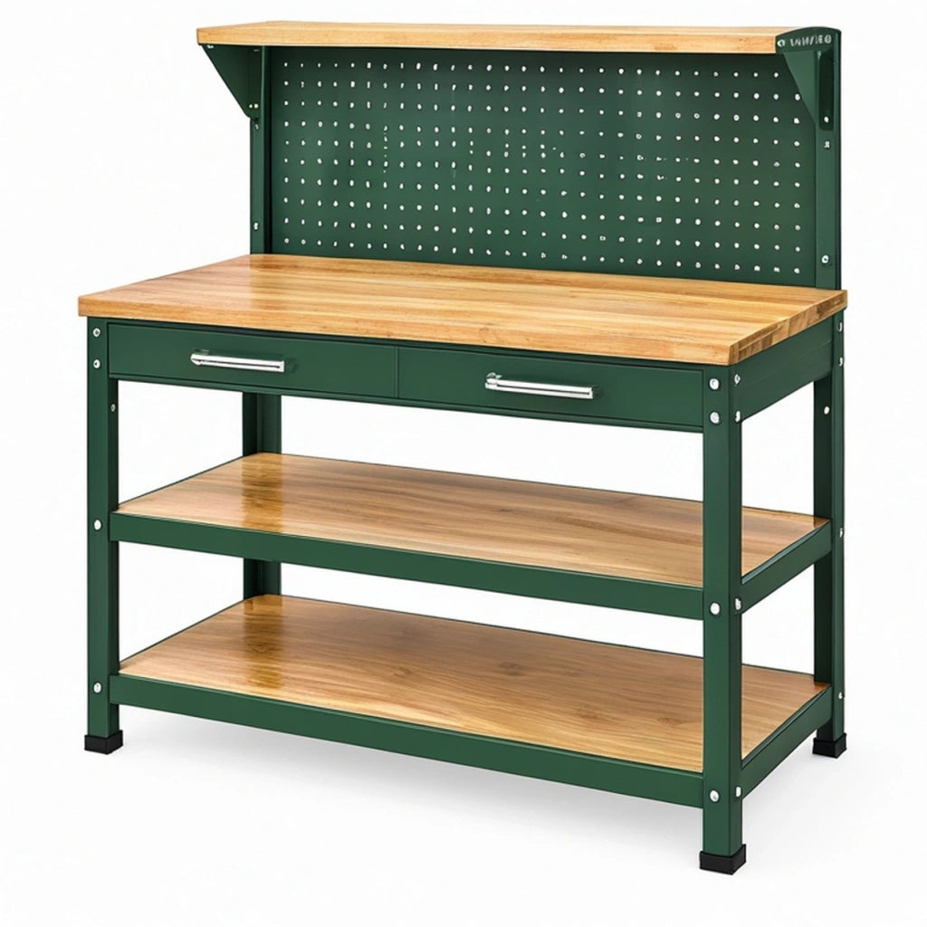 Banco da lavoro 120 x 60 x 150 cm in acciaio e legno verde con pannello portautensili