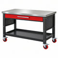 Banco da lavoro 120 x 60 x 90 cm in acciaio nero e rosso con ruote e cassetto