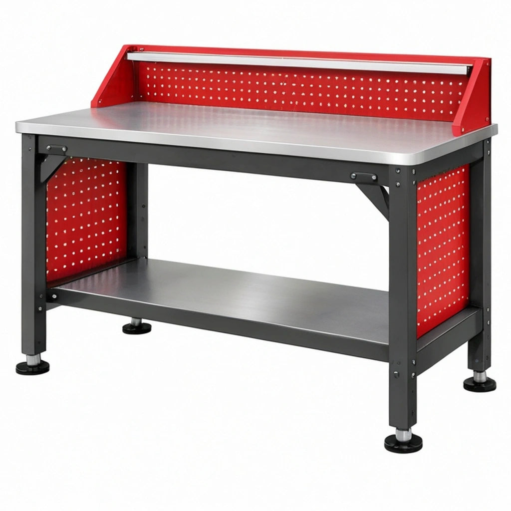 Banco da lavoro 120x60 cm in acciaio rosso e nero con pannello portautensili e illuminazione