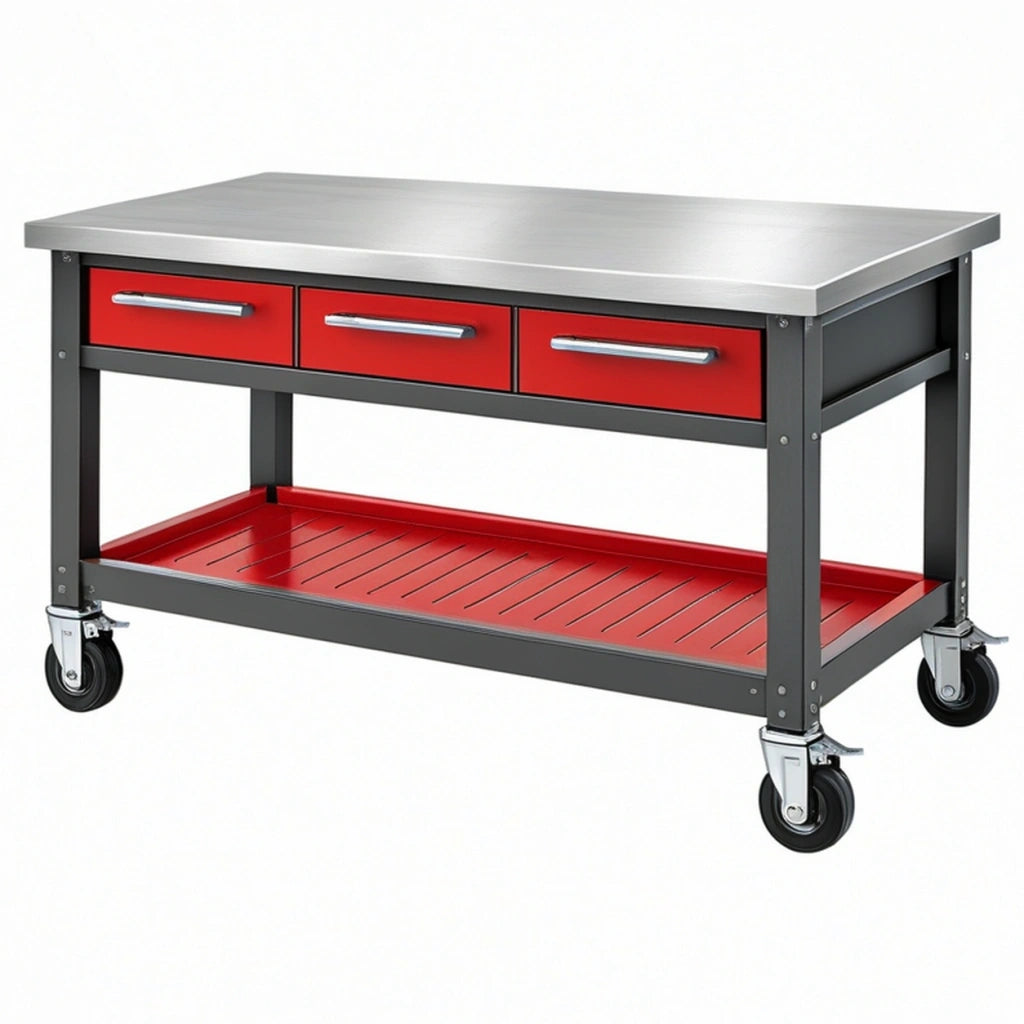 Banco da lavoro mobile 150 x 70 x 90 cm in acciaio grigio e rosso con 3 cassetti