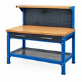 Banco da lavoro 120 x 60 x 150 cm in acciaio e legno blu con pannello portautensili e cassetti