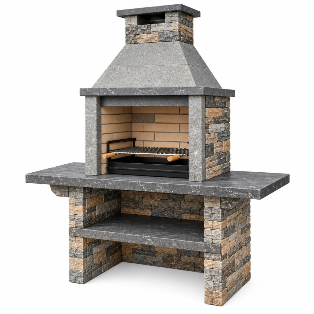 Barbecue da giardino 120 x 70 x 210 cm in pietra grigio/beige con griglia in metallo - stile rustico per cottura alla griglia