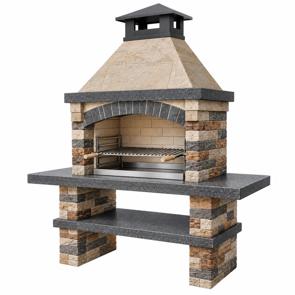 Barbecue da giardino 150 x 75 x 230 cm in pietra multicolore con griglia in acciaio e cappa