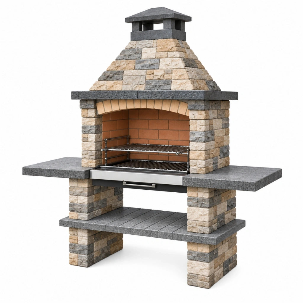 Barbecue da giardino 160 x 90 x 220 cm in pietra beige e grigia con griglia in acciaio