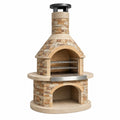 Barbecue da giardino 120 cm in pietra beige con griglie in acciaio e camino da esterno