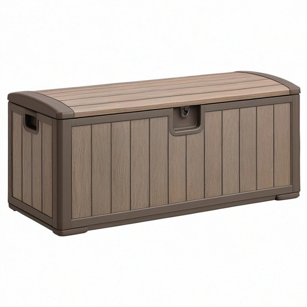 Cassapanca da esterno 120 x 55 x 60 cm in resina marrone effetto legno con coperchio