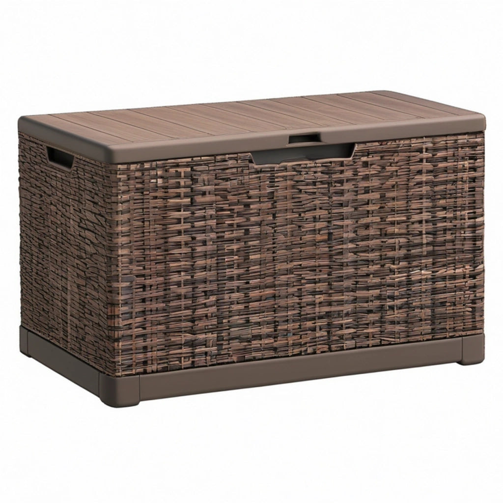 Cassapanca da esterno 120 x 56 x 63 cm in resina marrone effetto rattan con coperchio
