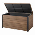 Cassapanca da esterno 120 x 60 x 65 cm effetto legno marrone e metallo nero con coperchio sollevabile
