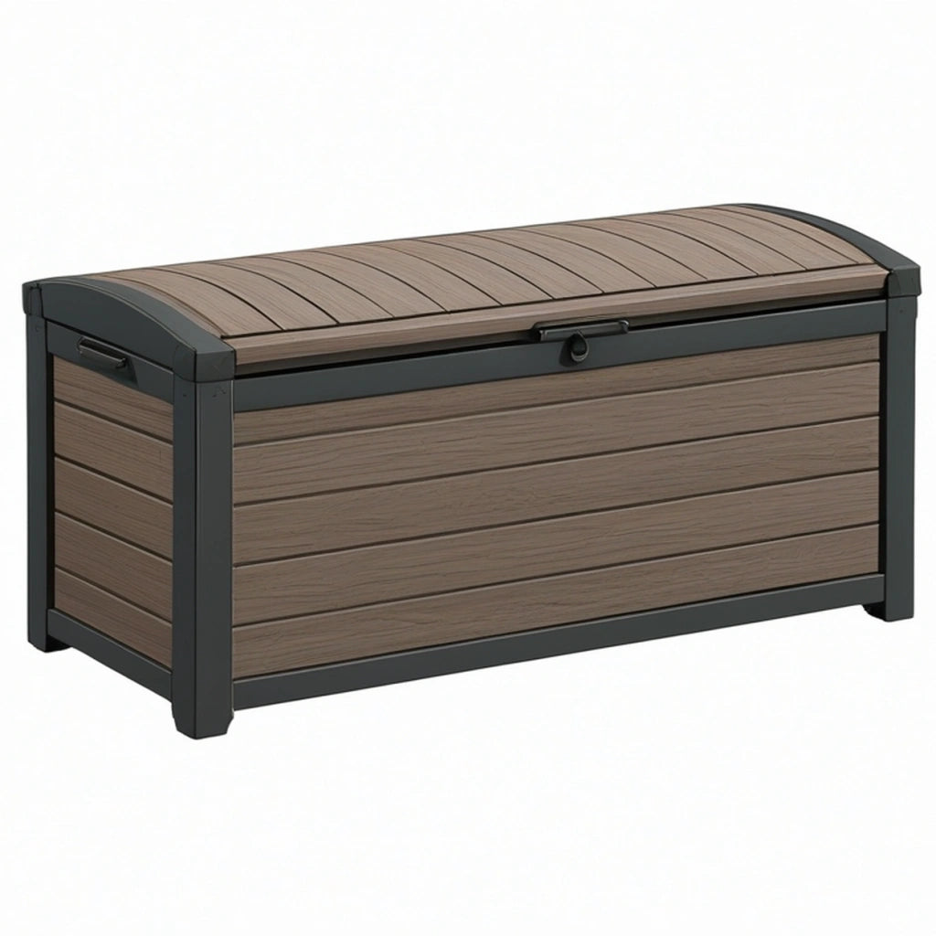 Cassapanca da esterno 120 x 60 x 63 cm in plastica effetto legno marrone e nero con coperchio