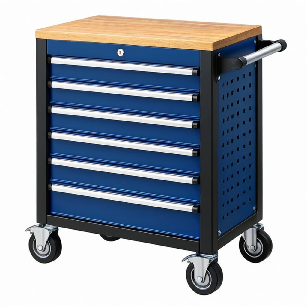 Carrello portautensili 77 x 46 x 97 cm in acciaio blu e nero con 7 cassetti e piano in legno