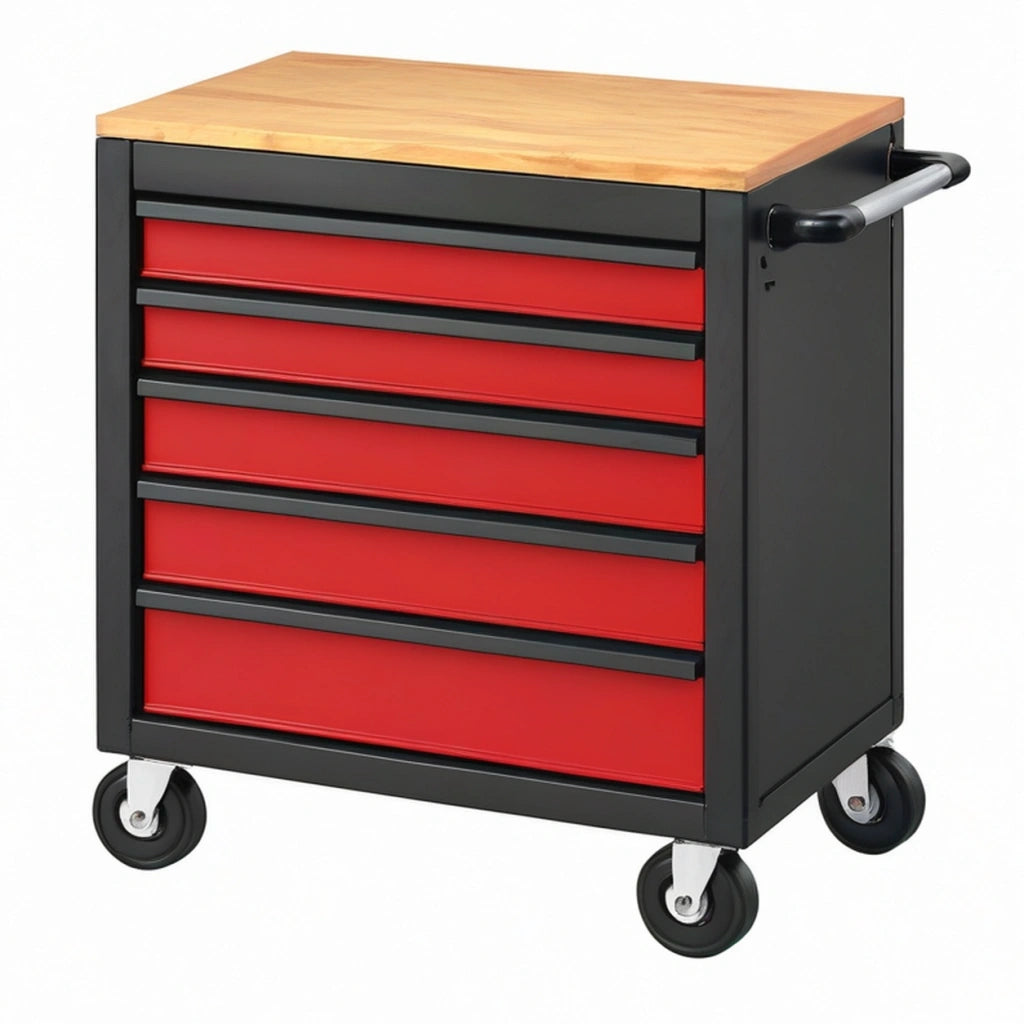 Carrello portautensili 77 x 46 x 97 cm in acciaio nero e rosso con piano in legno e 7 cassetti