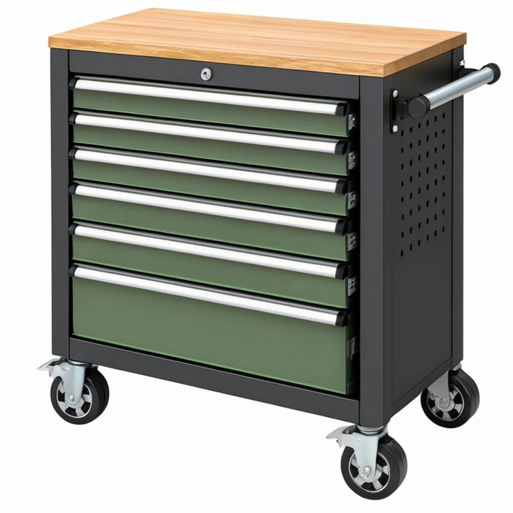 Cassettiera portautensili 76 x 46 x 95 cm in acciaio verde e nero con piano in legno e ruote