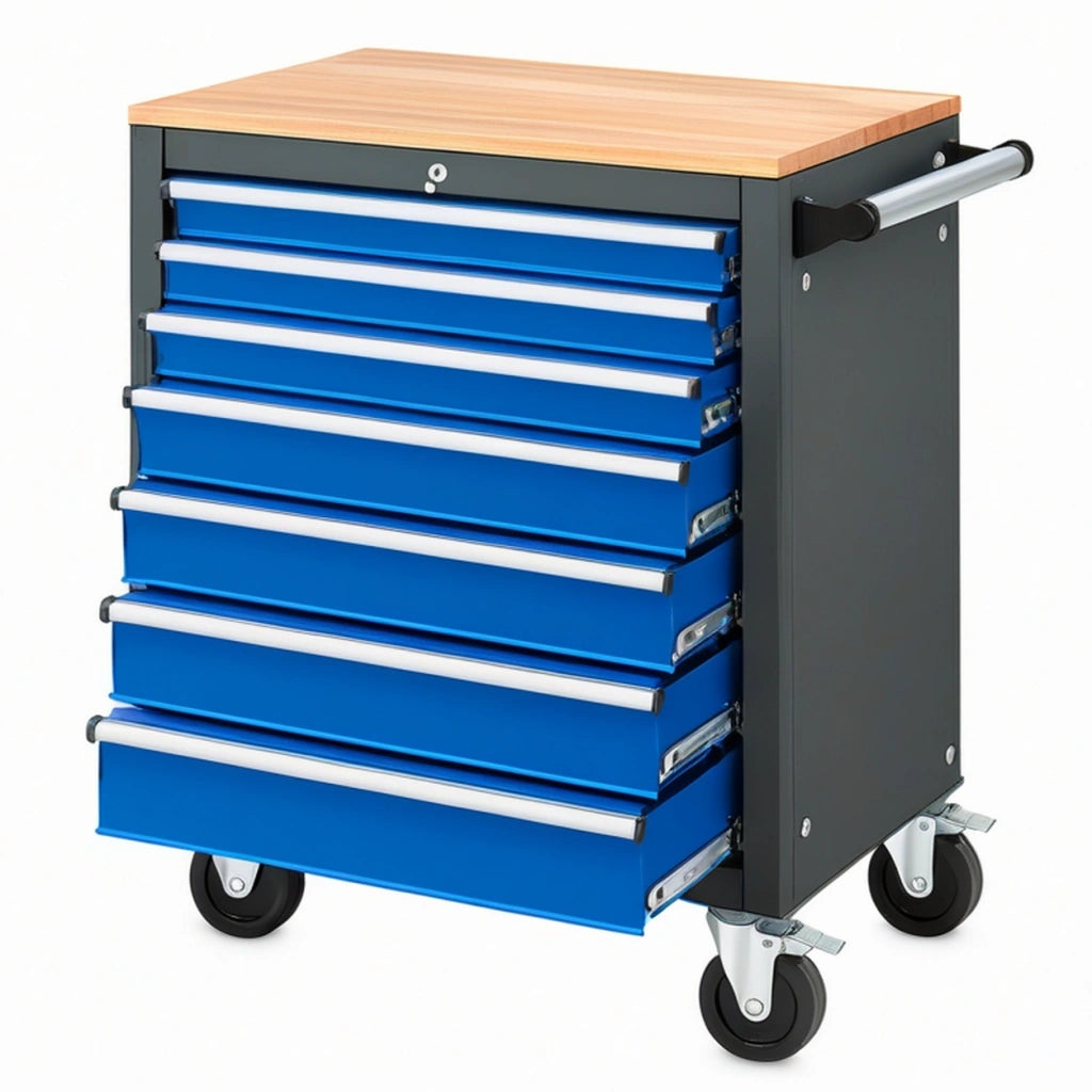 Carrello portautensili 77 x 46 x 97 cm in acciaio blu con piano in legno 7 cassetti e ruote
