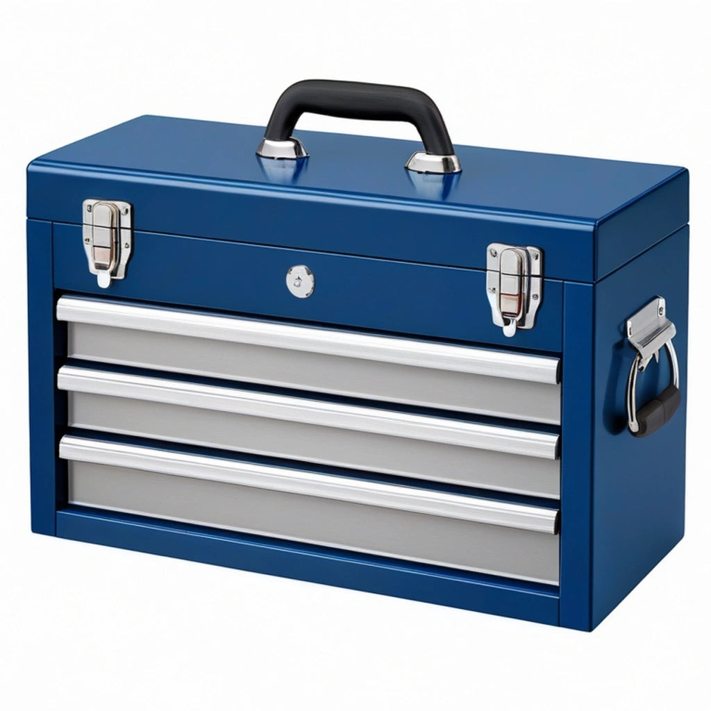 Cassetta portautensili 50 x 25 x 30 cm in metallo blu con 3 cassetti e maniglia