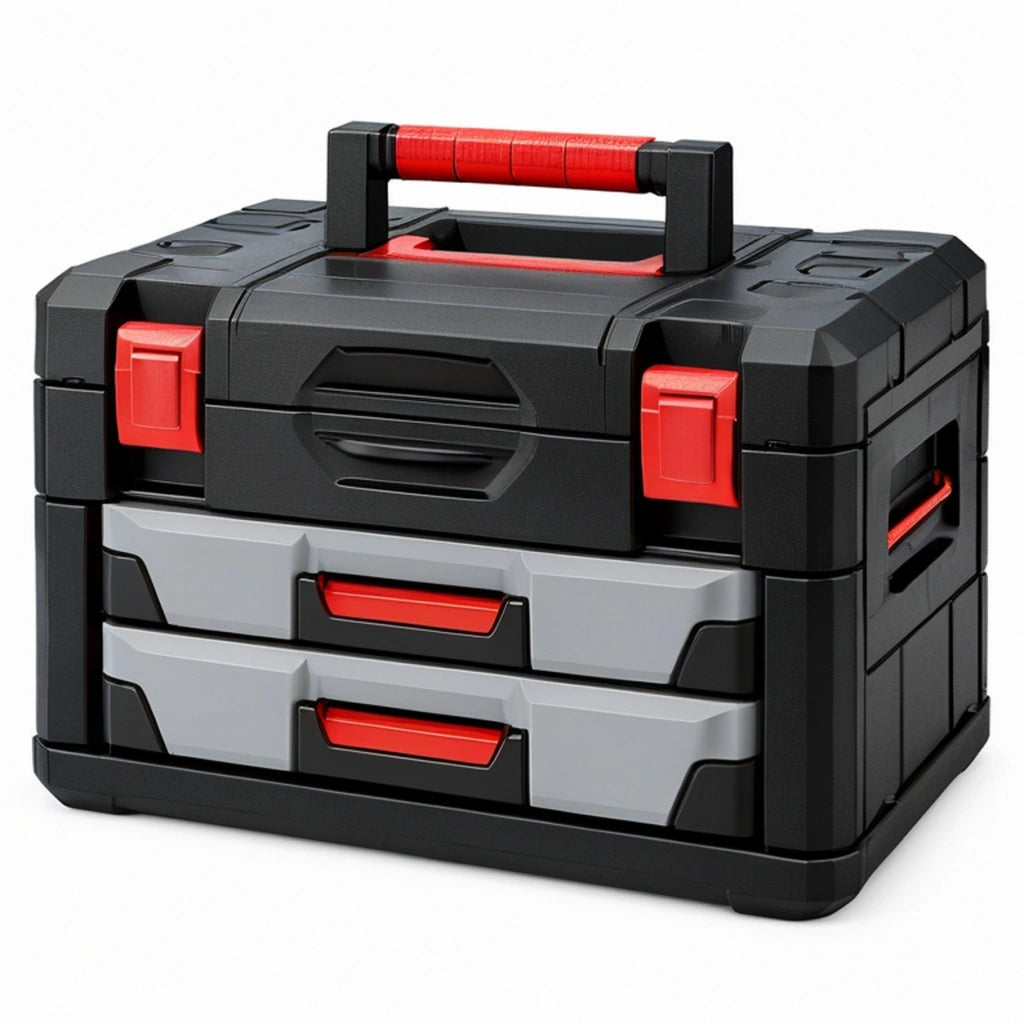Cassetta portautensili 50 x 30 x 35 cm in plastica nero/grigio/rosso con cassetti e maniglia