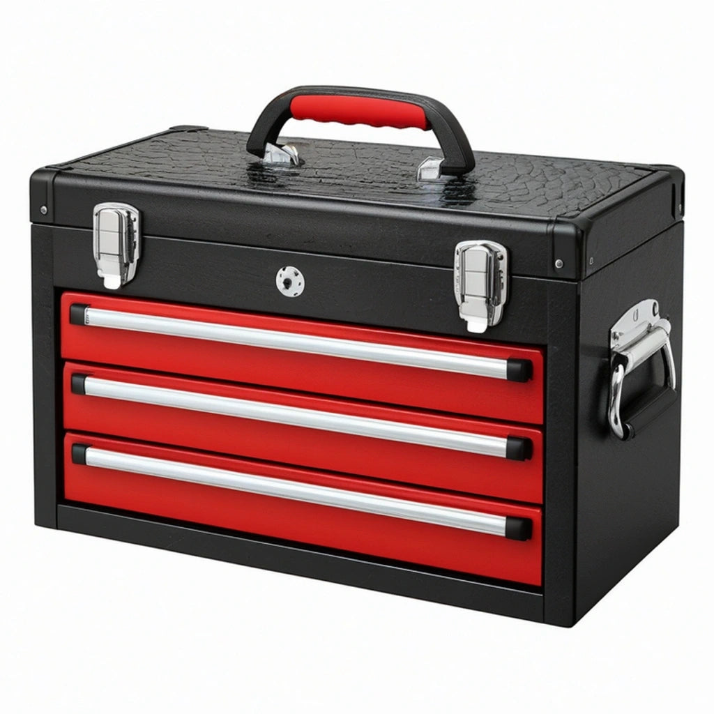 Cassetta portautensili 40 x 20 x 25 cm in metallo nero e rosso con 3 cassetti